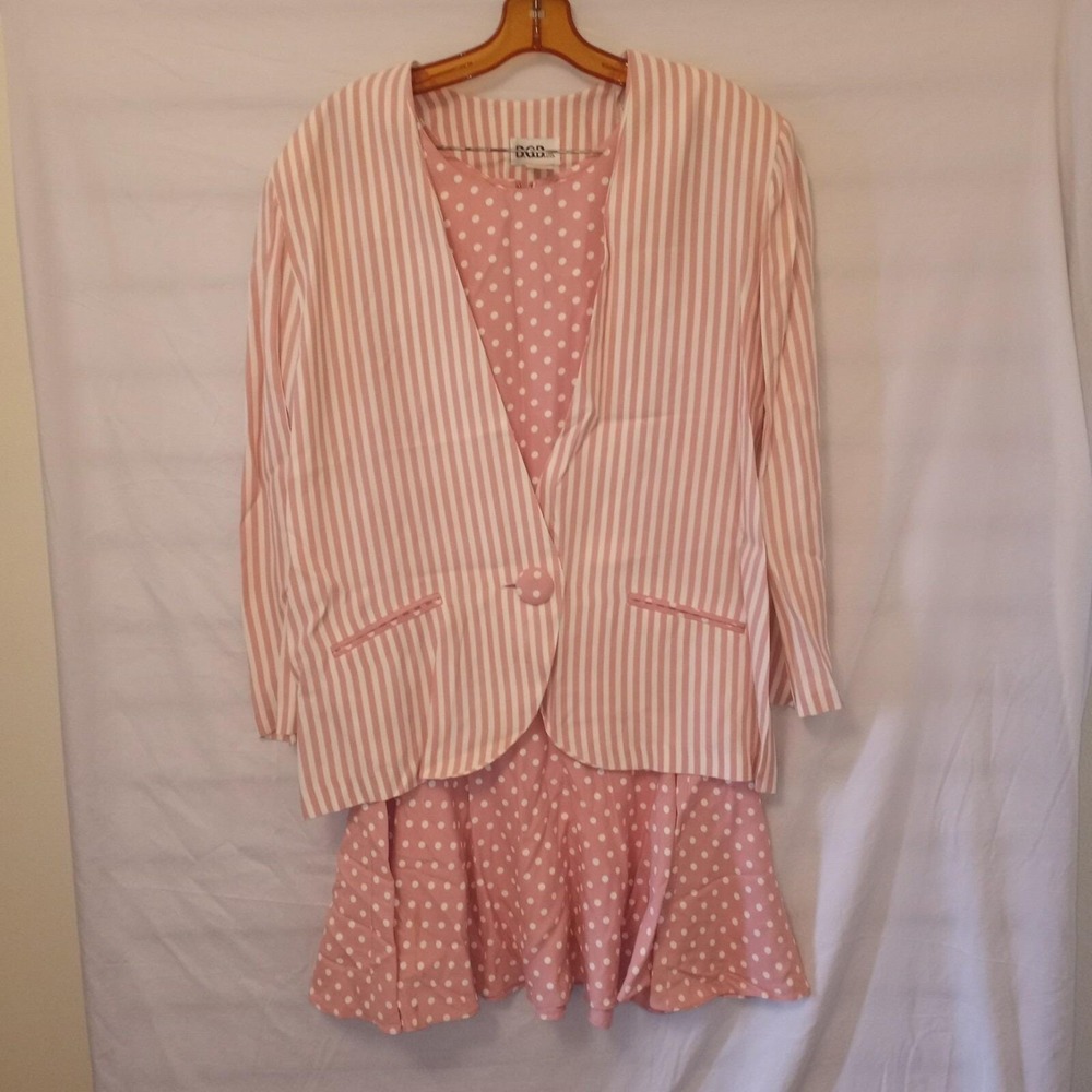 Vintage BGB Ltd Pink White Polka Dot Stripe Dress Blazer Set Size 8 Made in USA